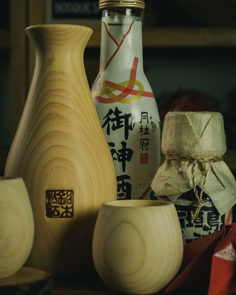 Wooden tokkuri flasks and cups set out for warm sake